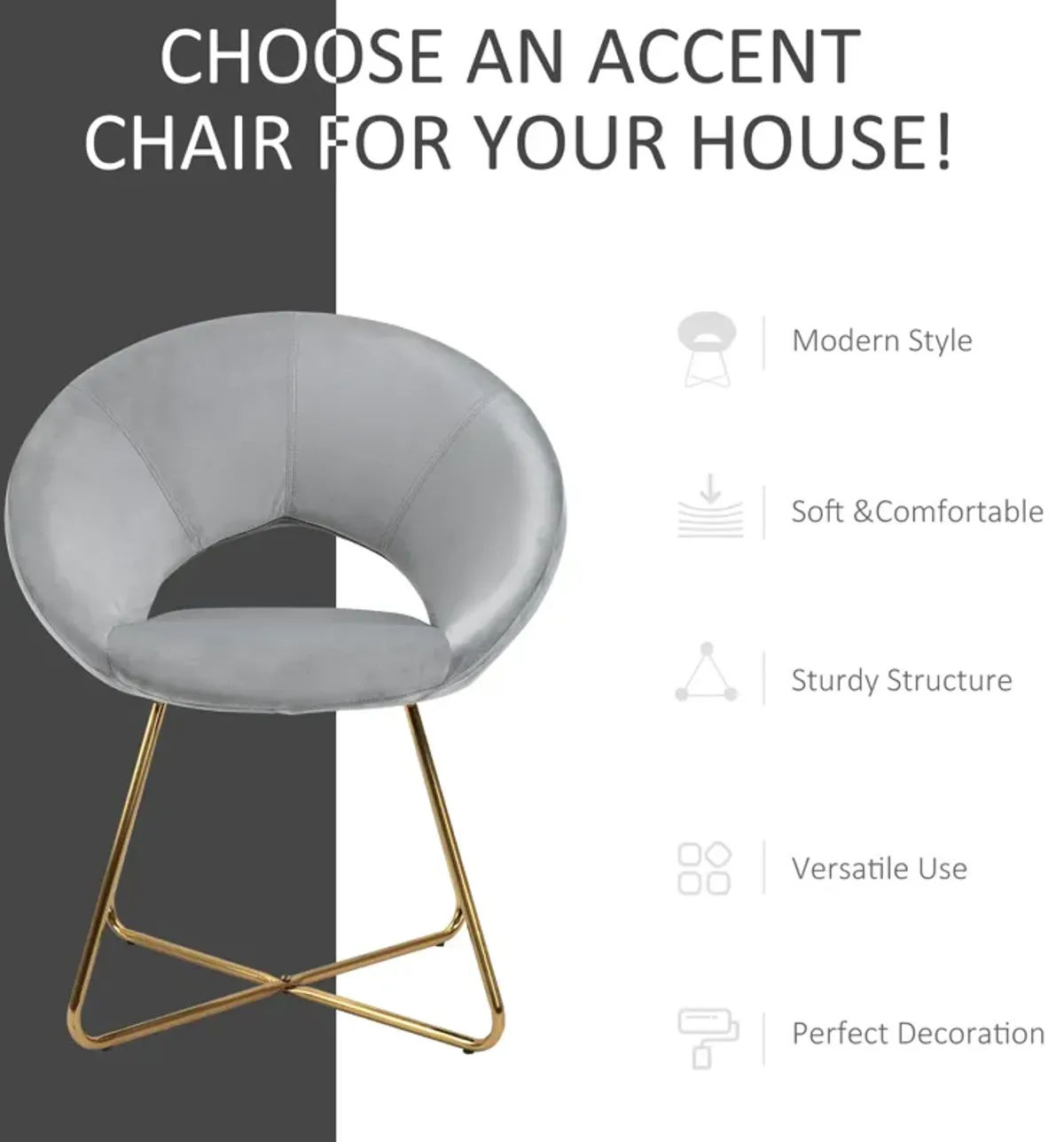 Grey Velvet Accent: Modern Curved Chair with Gold Metal Legs