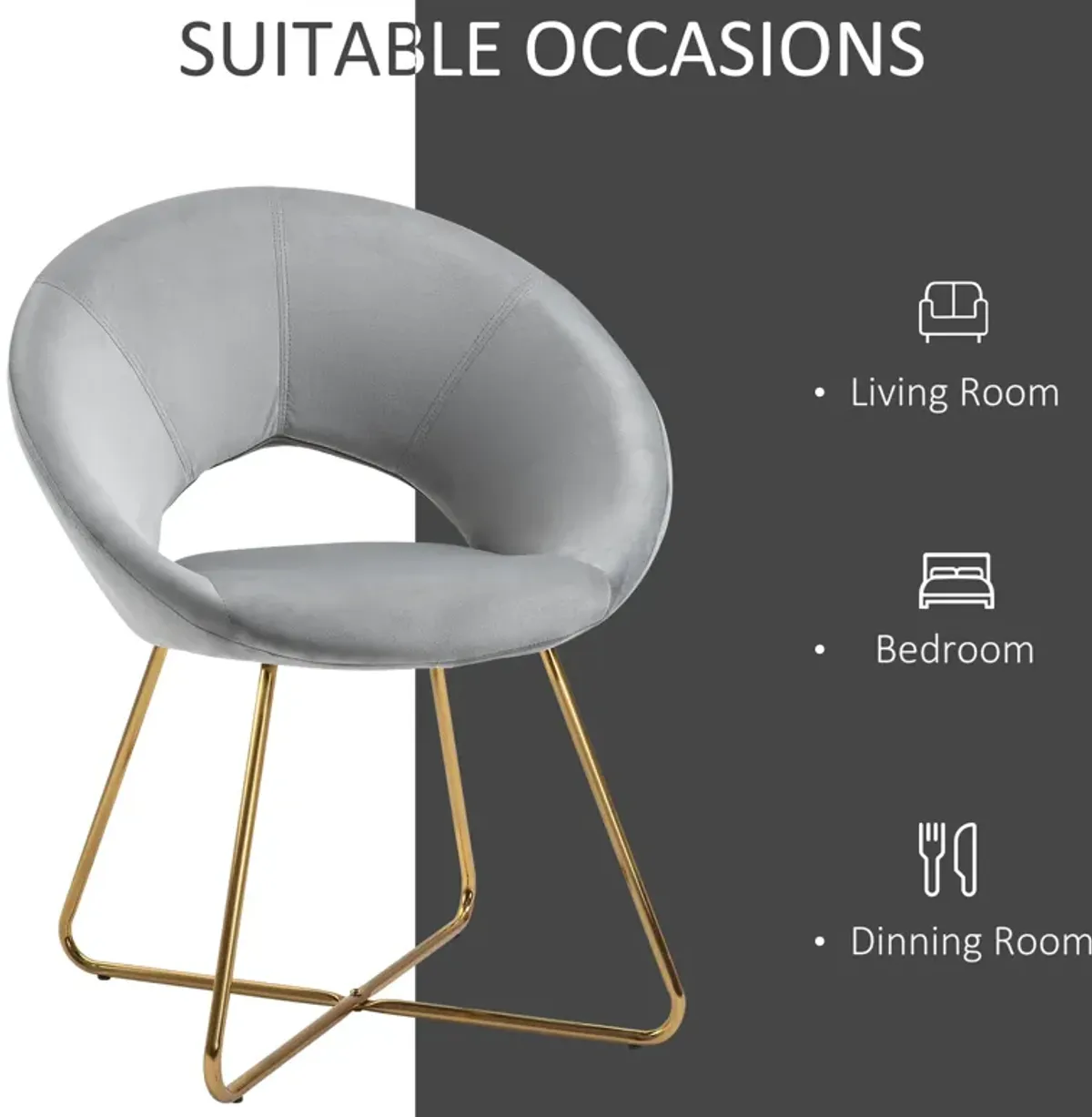 Grey Velvet Accent: Modern Curved Chair with Gold Metal Legs