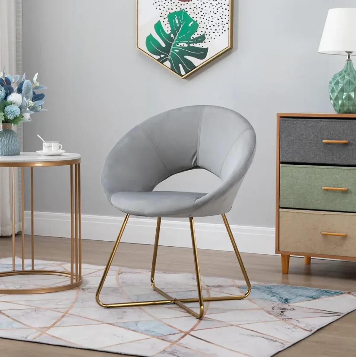 Grey Velvet Accent: Modern Curved Chair with Gold Metal Legs