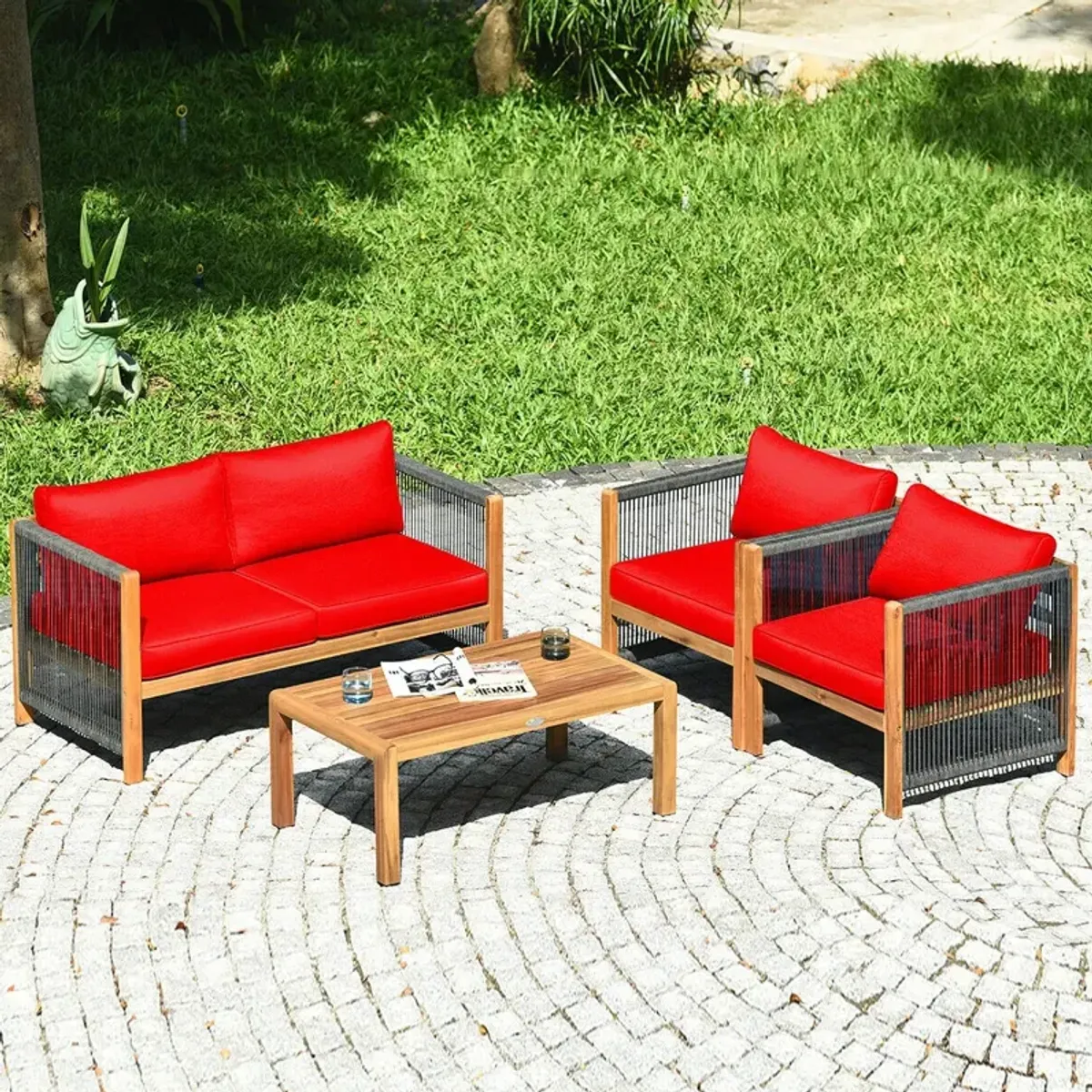 4 Pieces Acacia Wood Outdoor Patio Furniture Set with Cushions