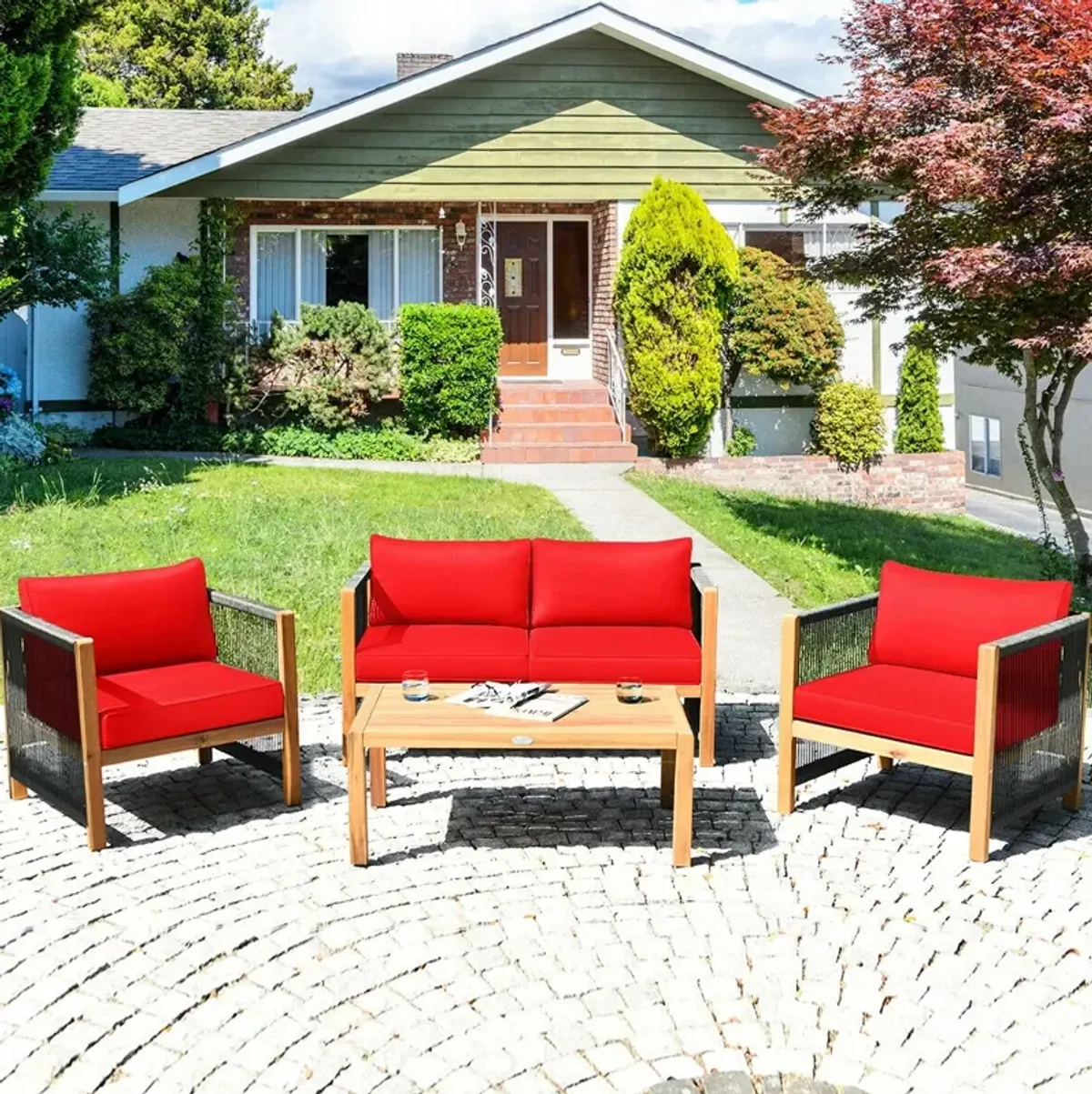 4 Pieces Acacia Wood Outdoor Patio Furniture Set with Cushions