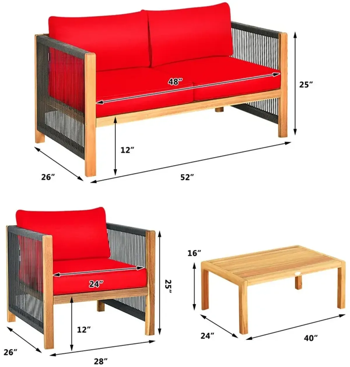 4 Pieces Acacia Wood Outdoor Patio Furniture Set with Cushions