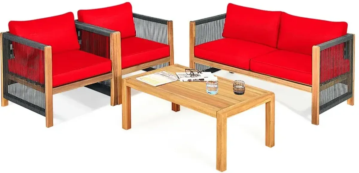 4 Pieces Acacia Wood Outdoor Patio Furniture Set with Cushions