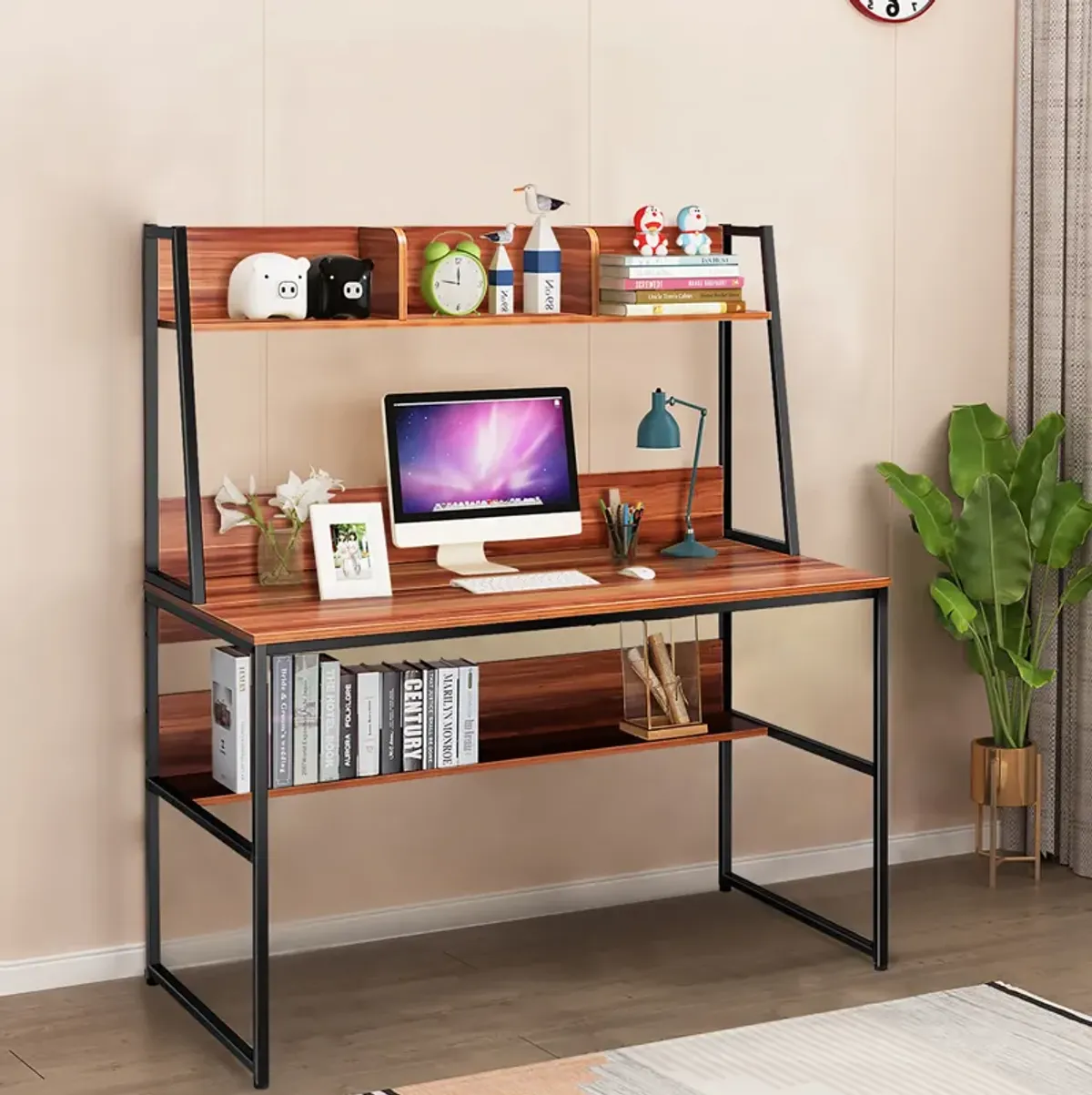 Costway 47'' Computer Desk w/ 3 Storage Cubes & Open Bookcase Home Office Natural