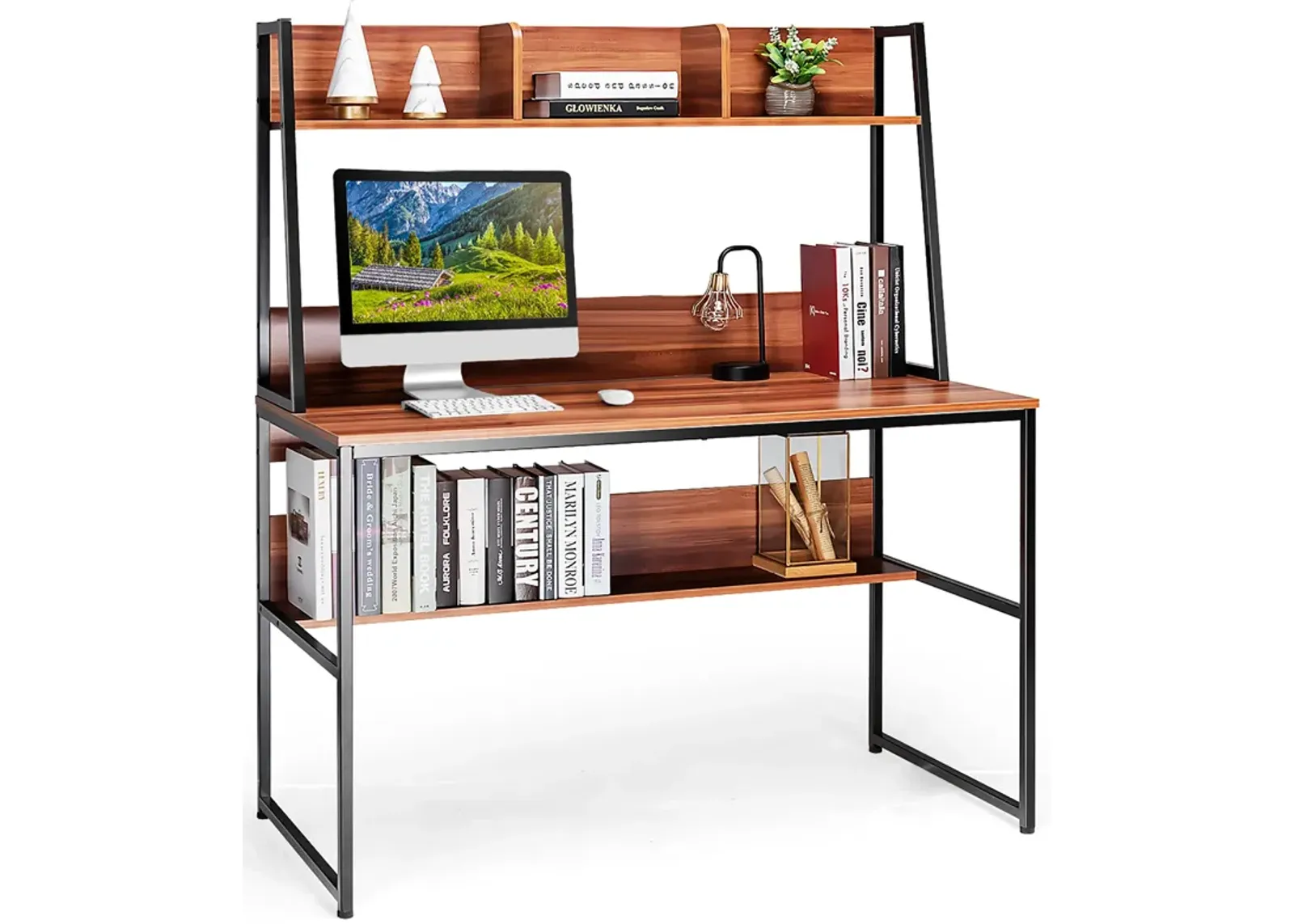 Costway 47'' Computer Desk w/ 3 Storage Cubes & Open Bookcase Home Office Natural