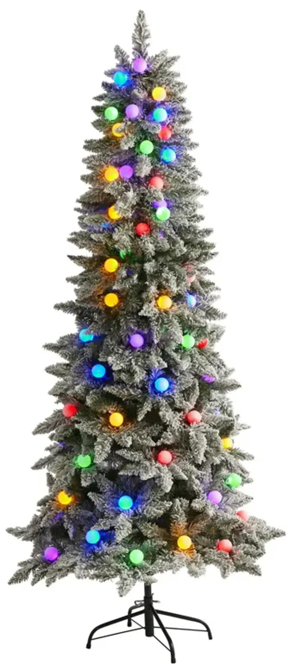 Nearly Natural 6.5-ft Flocked British Columbia Mountain Fir Artificial Christmas Tree in Decorative Planter with 75 Multi Color Globe Bulbs and 679 Bendable Branches