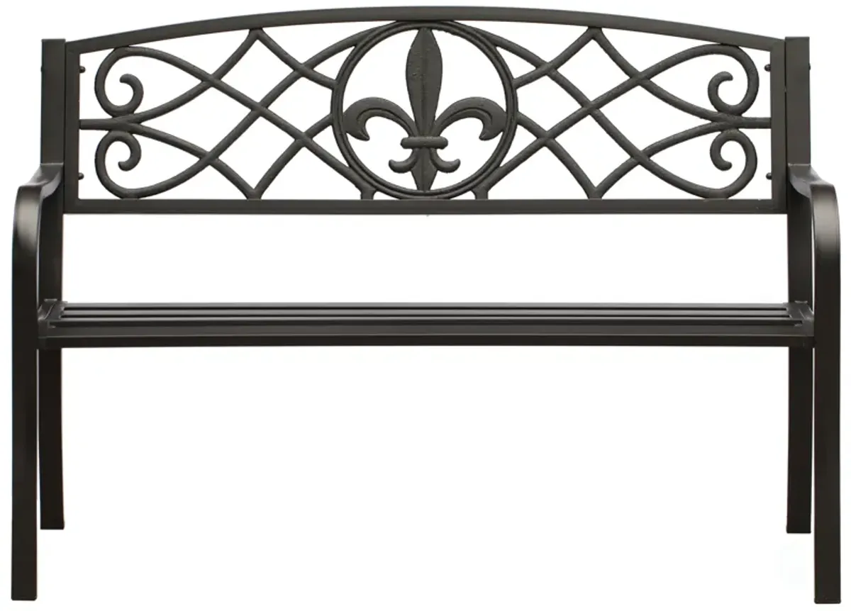 Outdoor Garden Patio Steel Park Bench Lawn Decor with Cast Iron Unique Design Back, Black Seating Bench for Yard, Patio, Garden, Balcony, and Deck