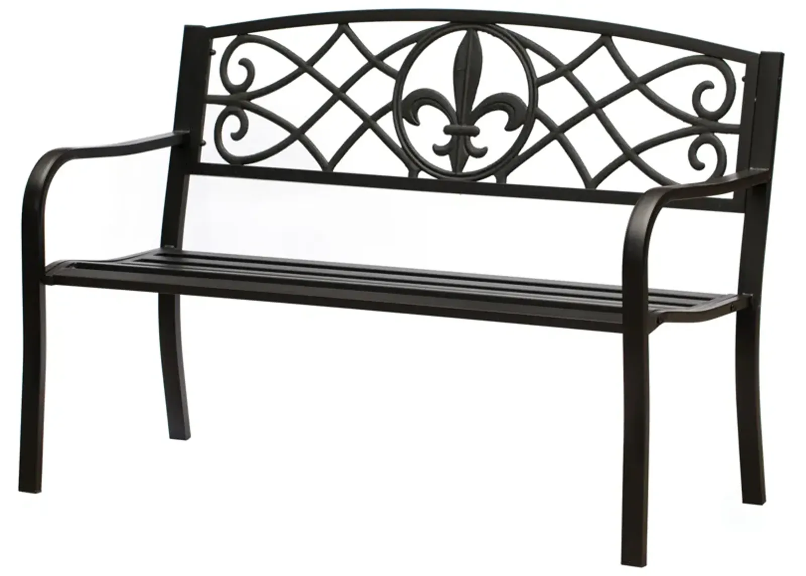 Outdoor Garden Patio Steel Park Bench Lawn Decor with Cast Iron Unique Design Back, Black Seating Bench for Yard, Patio, Garden, Balcony, and Deck