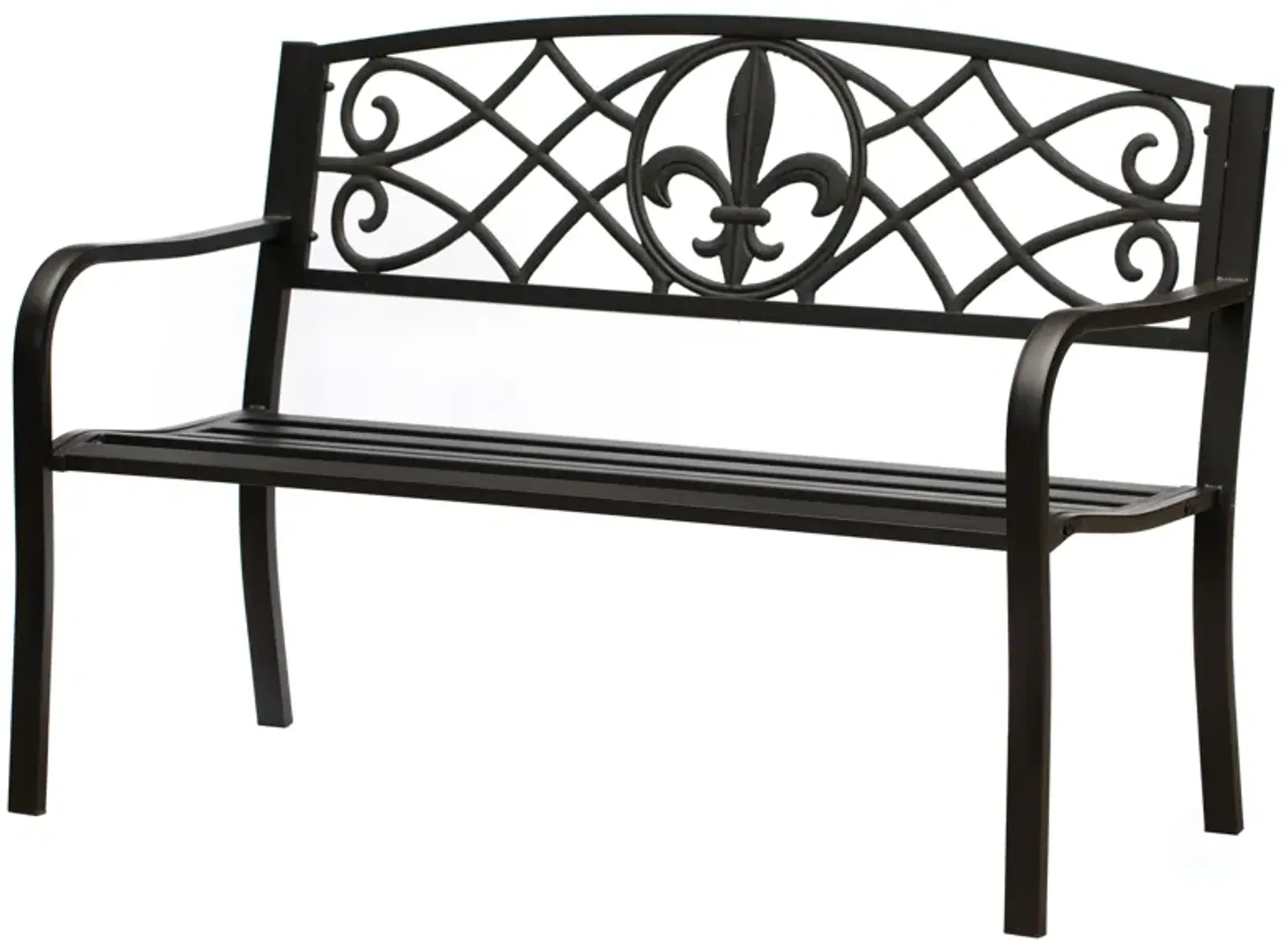 Outdoor Garden Patio Steel Park Bench Lawn Decor with Cast Iron Unique Design Back, Black Seating Bench for Yard, Patio, Garden, Balcony, and Deck