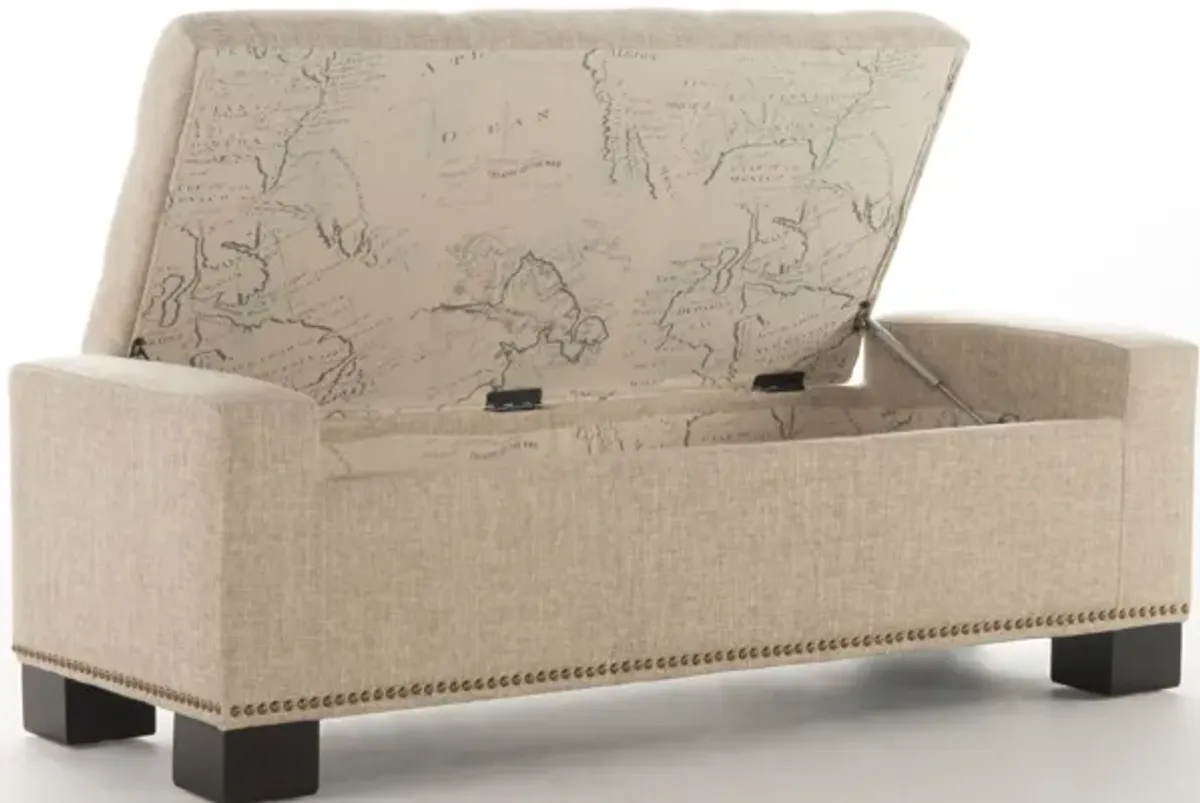 Tufted Map-Lined Storage Ottoman with Intricate Details