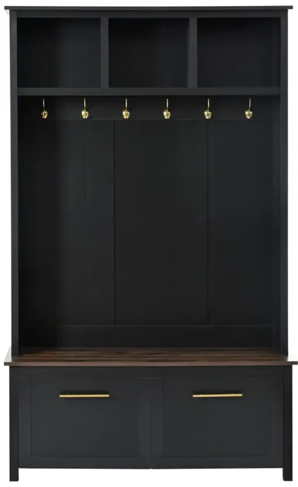 Clihome Versatile 4-in-1 Hall Tree with 6 Golden Hooks, Brown Wood Grain Bench with Multiple Storage Space, Entryway Coat Rack with 2 Drawers for Living Room, Hallway, Black, 47.2''W*76.6''H