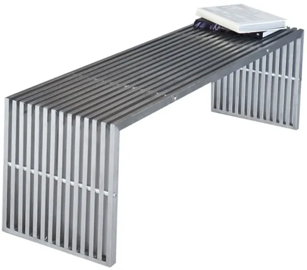 Niki 55 Inch Metal Bench, Slatted, Rectangular Shape, Brushed Silver Steel - Benzara