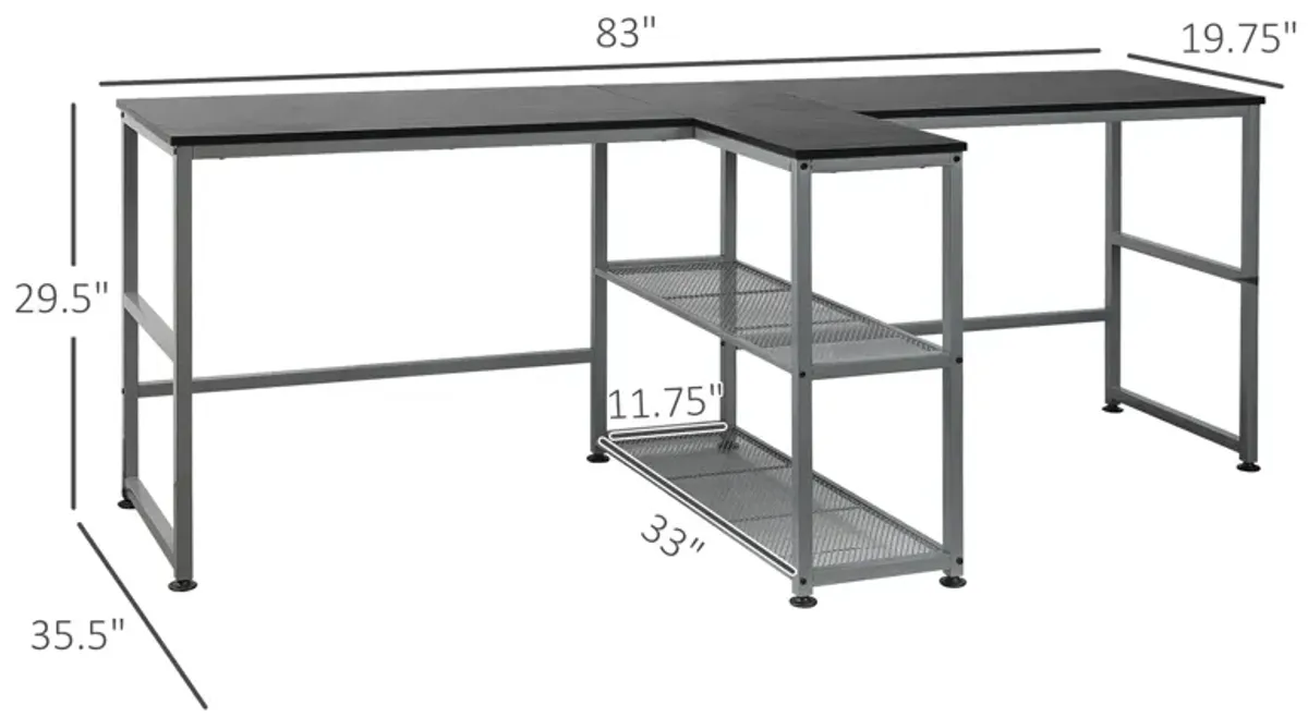 Black Shared Workspace: 83" Two Person Desk with Storage Shelf