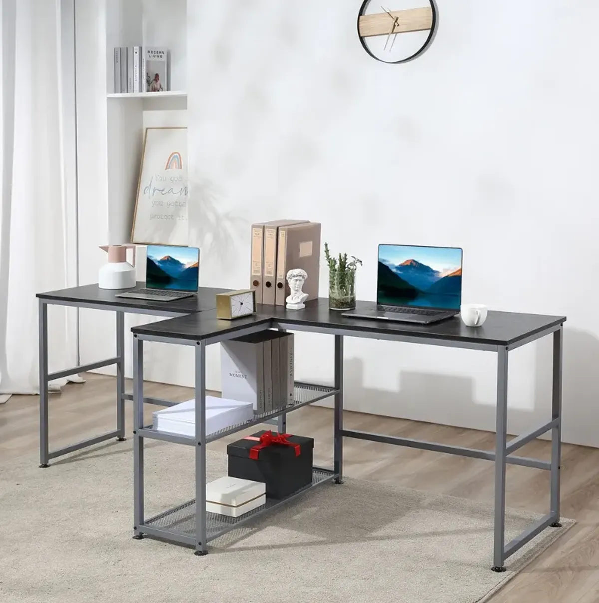 Black Shared Workspace: 83" Two Person Desk with Storage Shelf