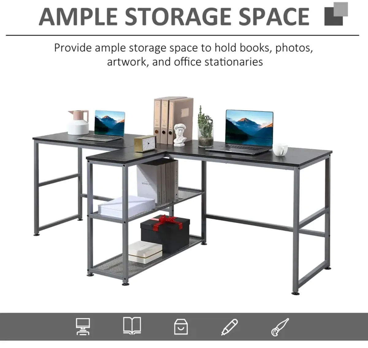 Black Shared Workspace: 83" Two Person Desk with Storage Shelf