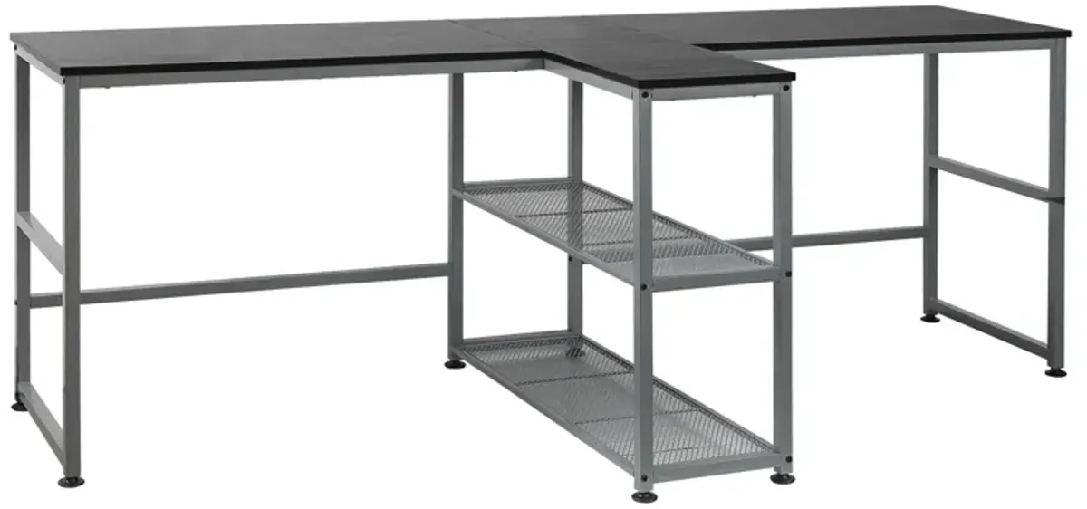 Black Shared Workspace: 83" Two Person Desk with Storage Shelf