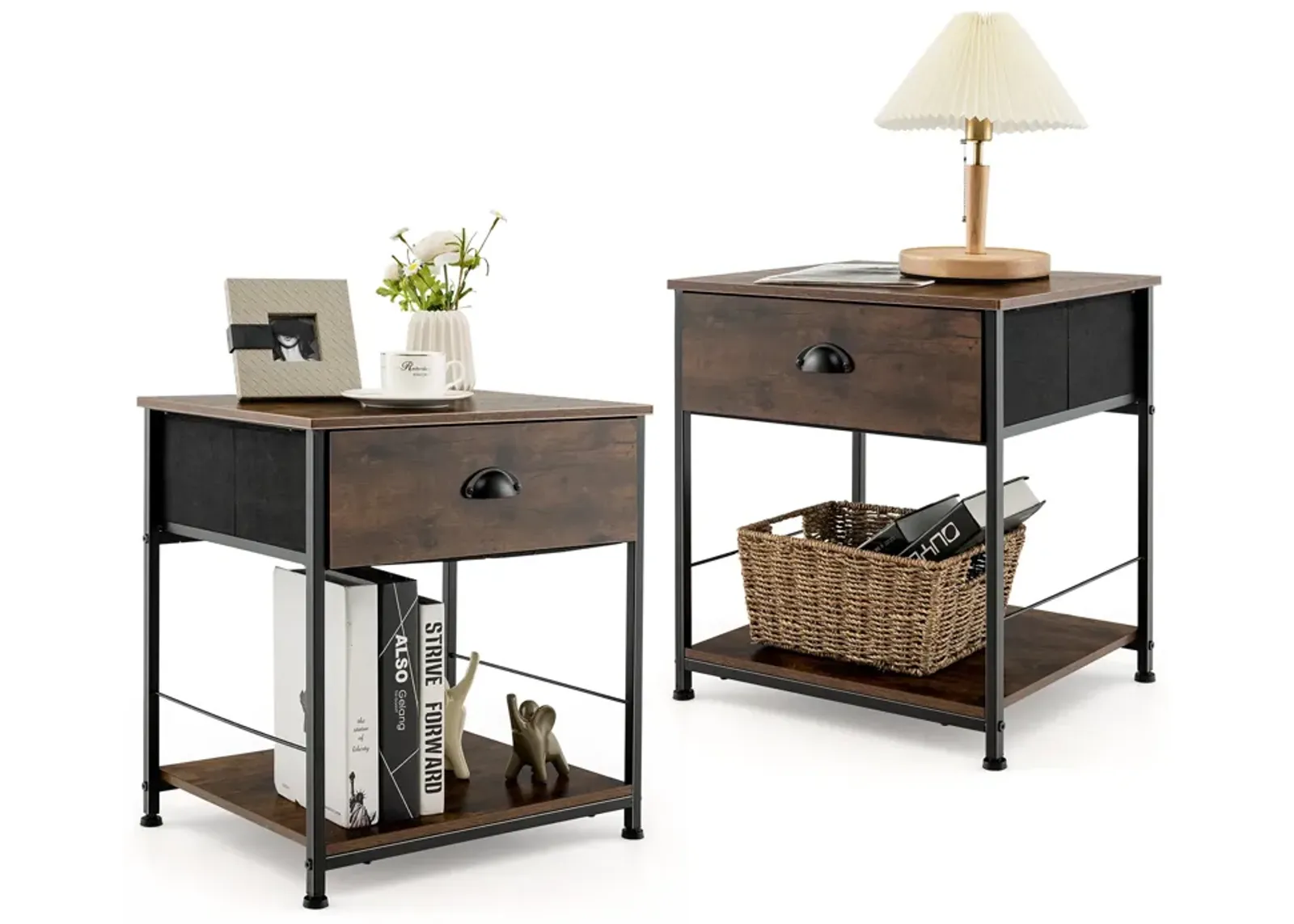 2 Tiers Nightstand with Open Storage Shelf for Living Room Bedroom-2 Pieces