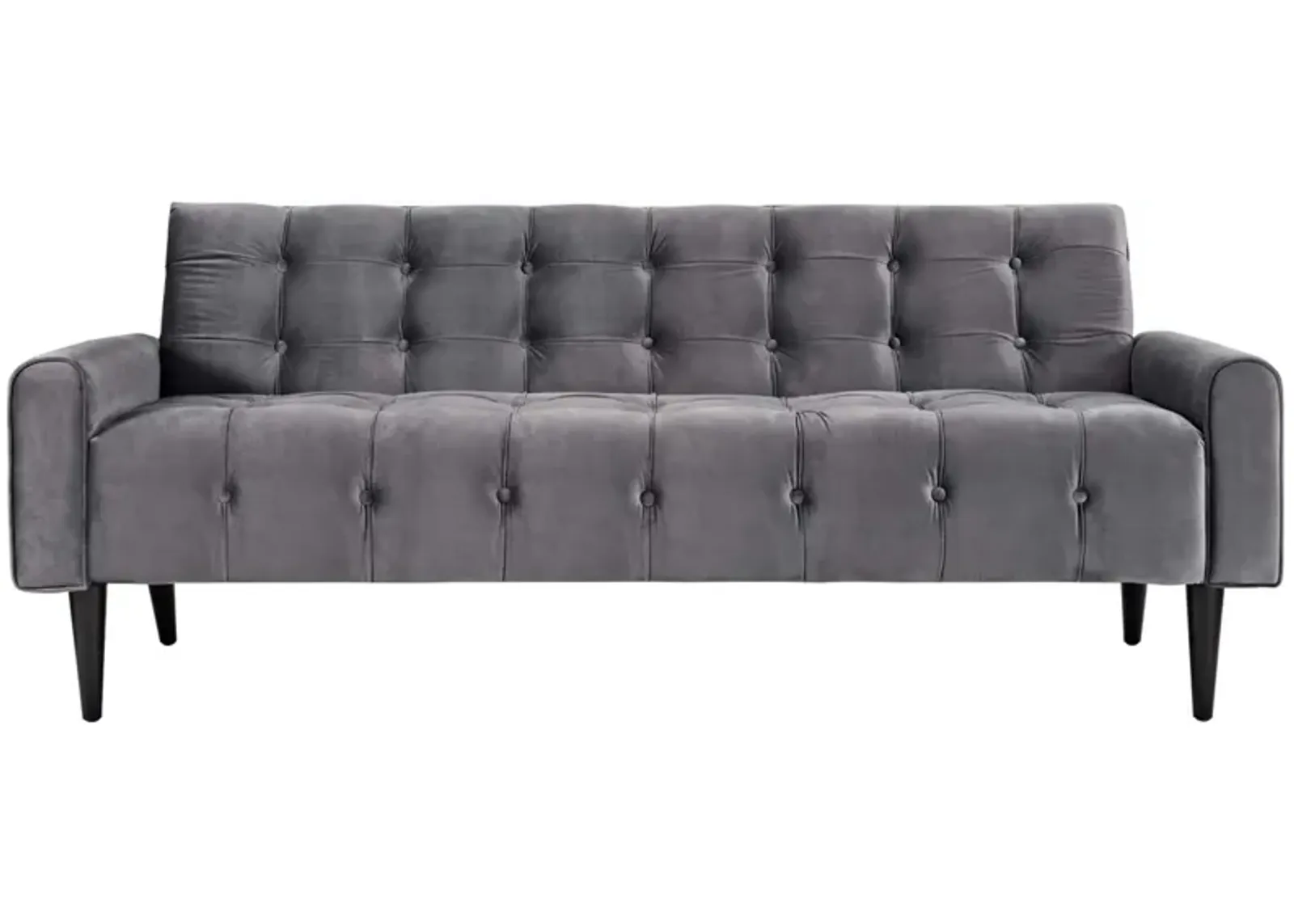 Delve Performance Velvet Sofa - Luxurious Stain-Resistant Upholstery, Tufted Buttons, Curved Armrests, Solid Wood Legs, Dense Foam Padding, Non-Marking Foot Glides - Gray