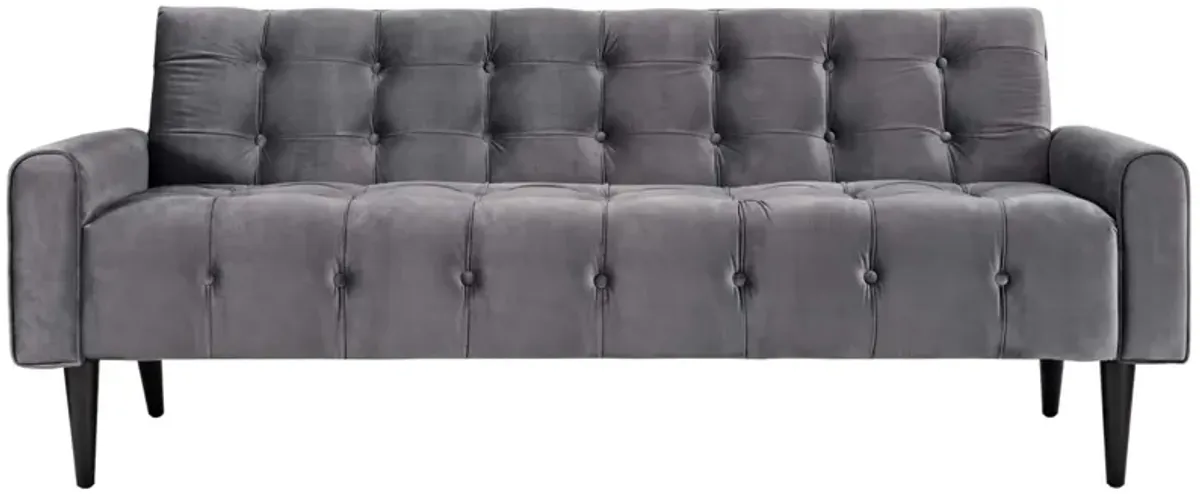 Delve Performance Velvet Sofa - Luxurious Stain-Resistant Upholstery, Tufted Buttons, Curved Armrests, Solid Wood Legs, Dense Foam Padding, Non-Marking Foot Glides - Gray