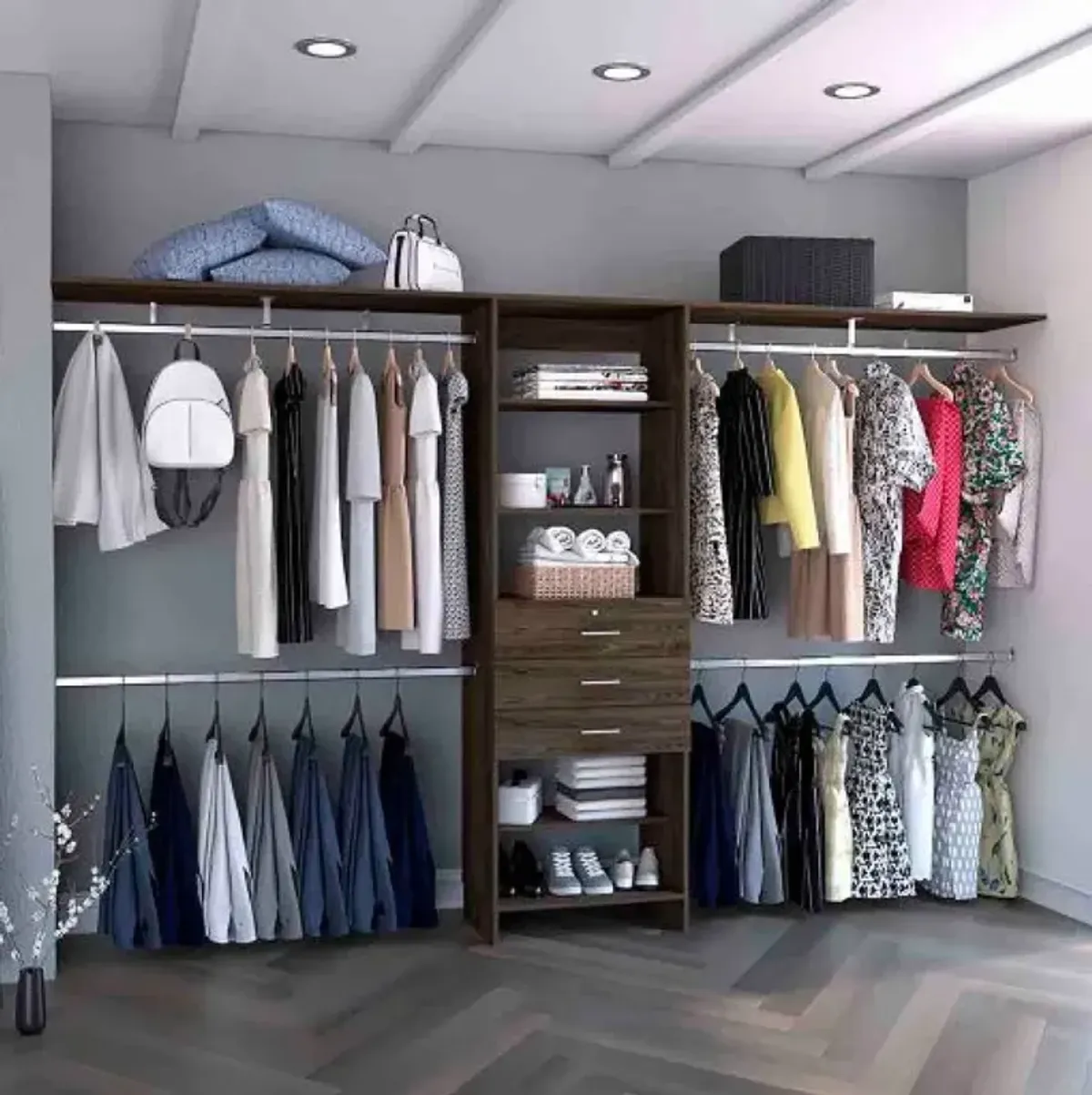 69" W - 118" W Drawers Closet System, Five Shelves, Four Hanging Rods, Three Drawers - Dark Walnut