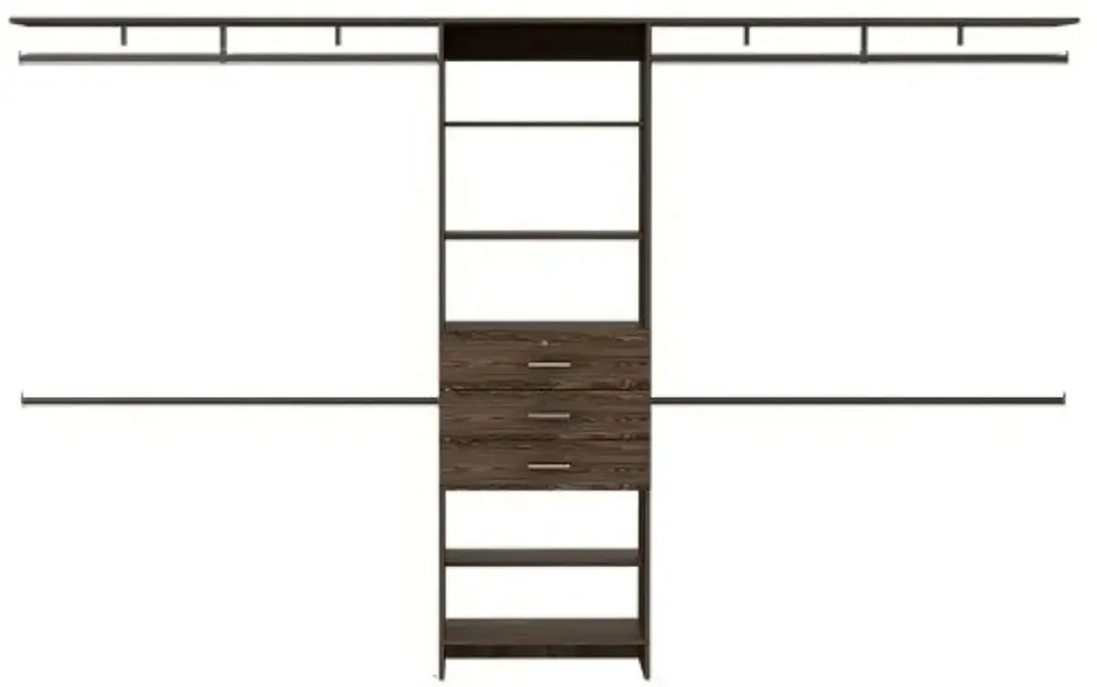 69" W - 118" W Drawers Closet System, Five Shelves, Four Hanging Rods, Three Drawers - Dark Walnut