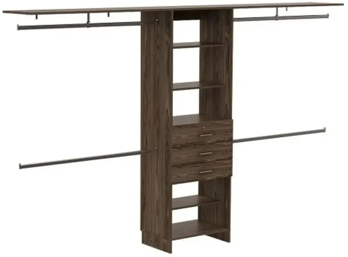 69" W - 118" W Drawers Closet System, Five Shelves, Four Hanging Rods, Three Drawers - Dark Walnut