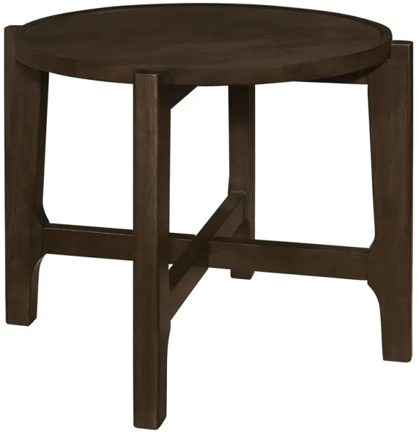 Katie End Table, Round 26 Inch Top, Dark Brown Solid Wood, Cross Beam Legs - Benzara