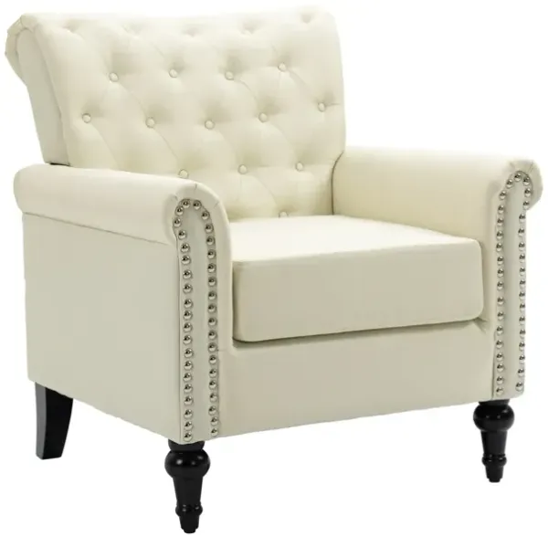 Mid-Century Modern Accent Chair, Linen Armchair with Tufted Back/Wood Legs, Upholstered Lounge
