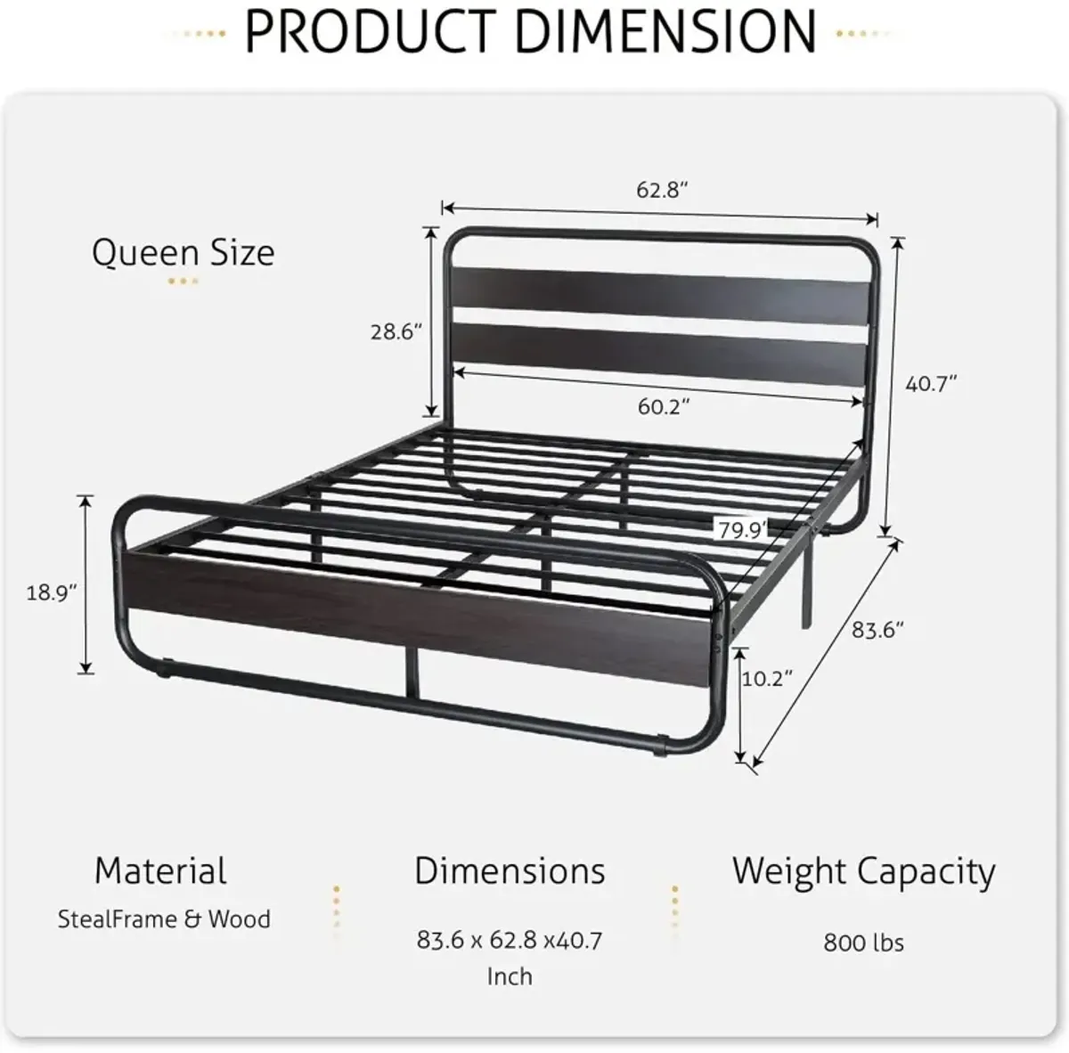 Hivvago Queen Heavy Duty Round Metal Frame Platform Bed with Black Wood Panel Headboard