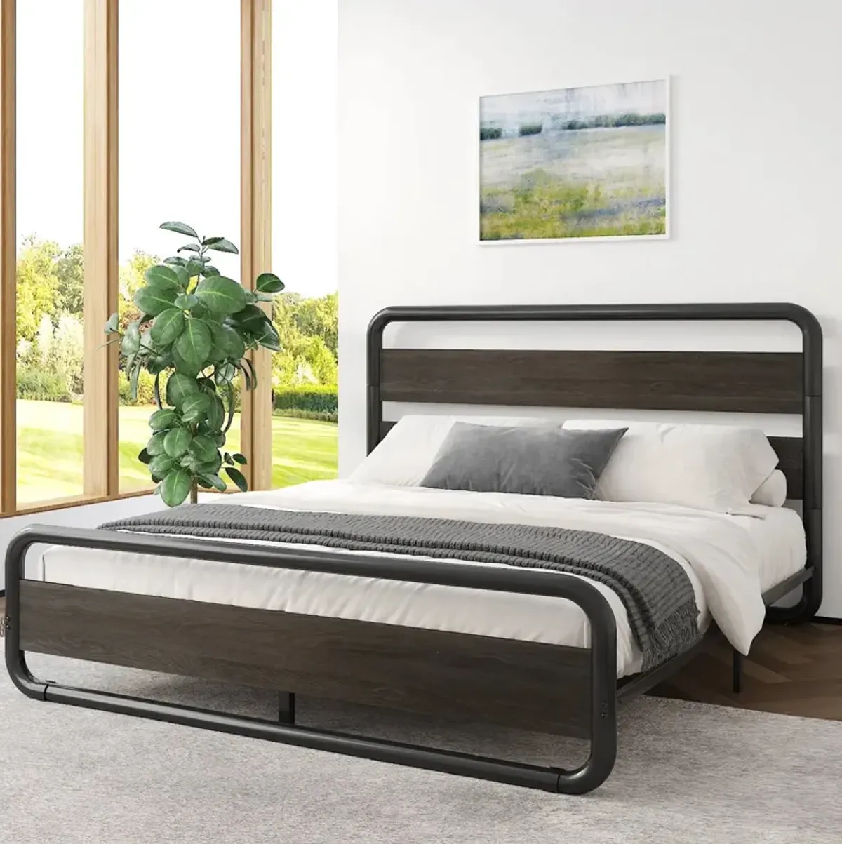 Hivvago Queen Heavy Duty Round Metal Frame Platform Bed with Black Wood Panel Headboard