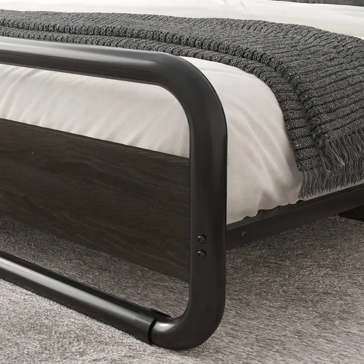 Hivvago Queen Heavy Duty Round Metal Frame Platform Bed with Black Wood Panel Headboard