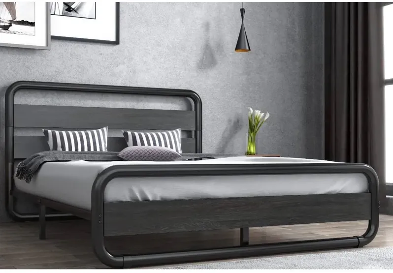 Hivvago Queen Heavy Duty Round Metal Frame Platform Bed with Black Wood Panel Headboard