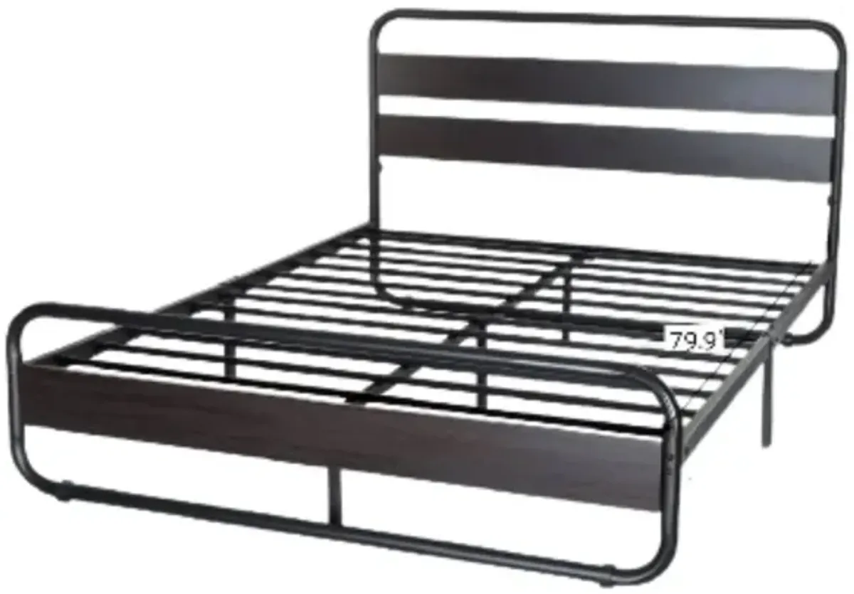 Hivvago Queen Heavy Duty Round Metal Frame Platform Bed with Black Wood Panel Headboard