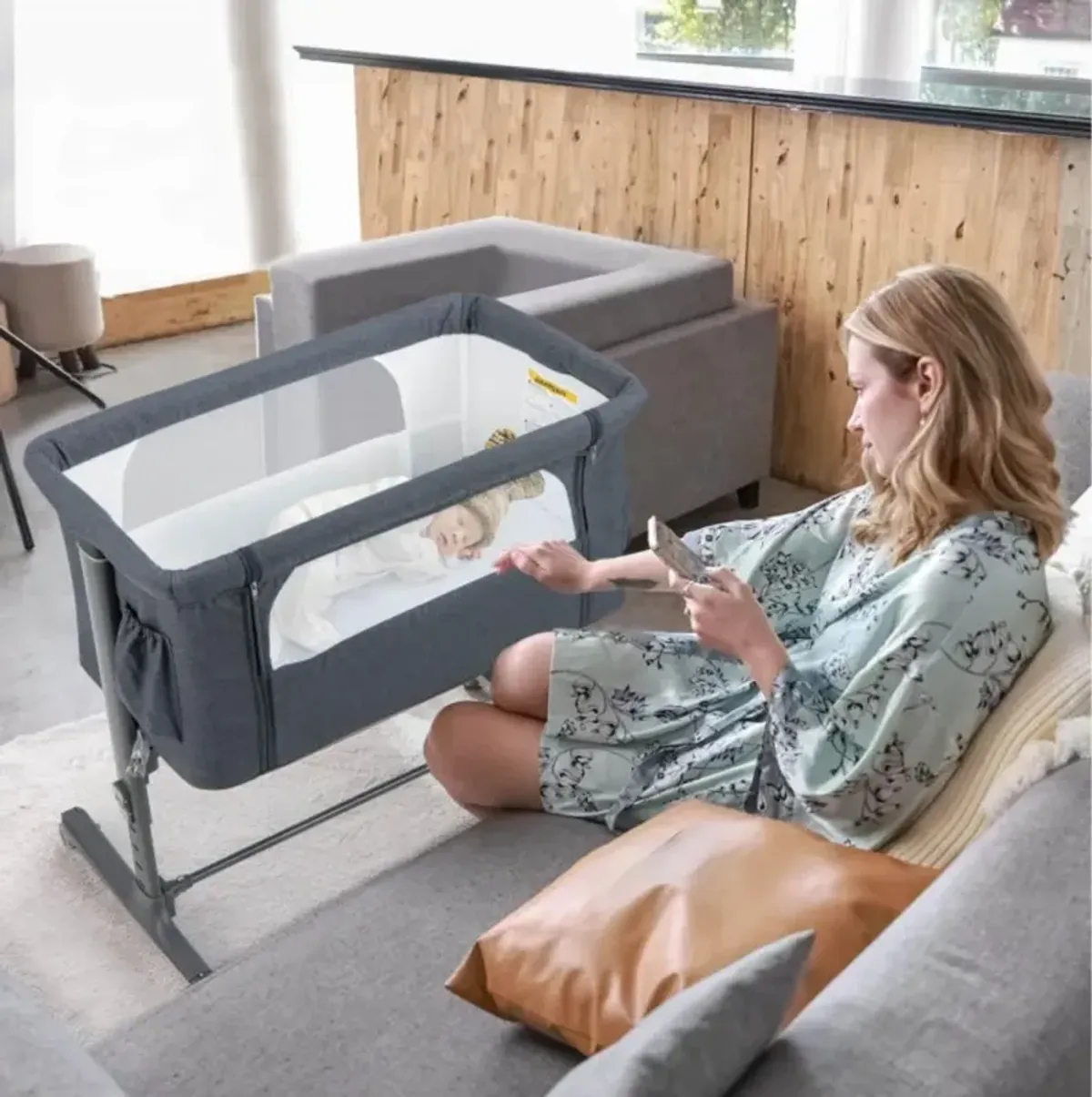 Hivvago Portable Baby Bedside Bassinet with 5-level Adjustable Heights and Travel Bag