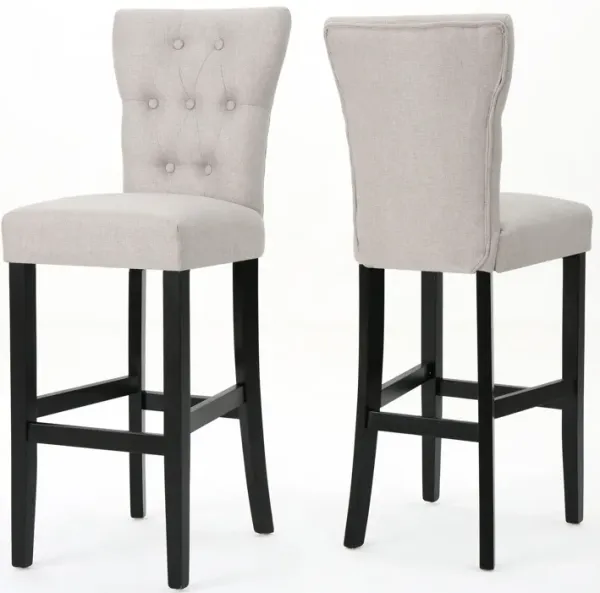 Arine Barstool Chair Set of 2, Flared Rubberwood, Wheat Button Tufted - Benzara
