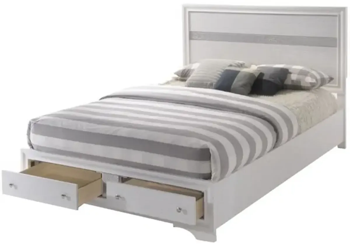 Classy Queen Size Bed With Storage, White-Benzara