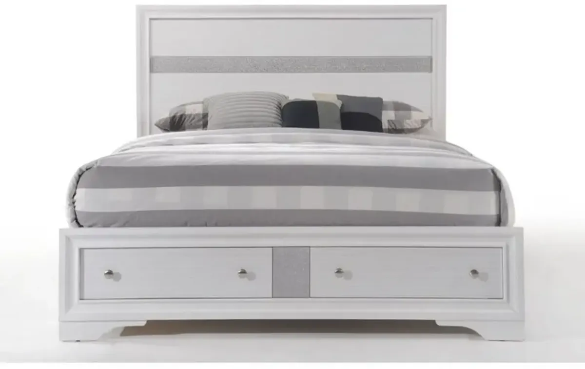 Classy Queen Size Bed With Storage, White-Benzara