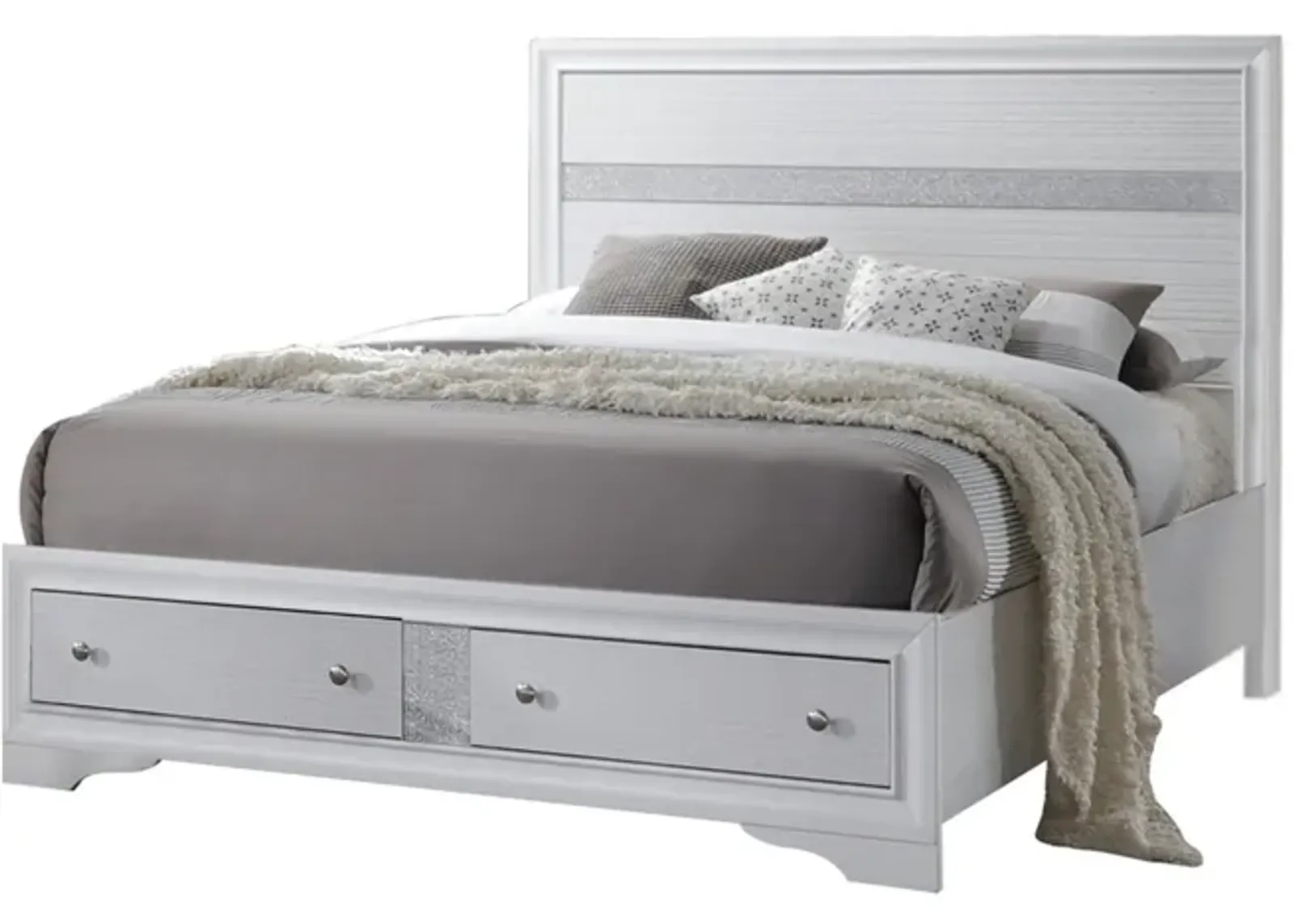 Classy Queen Size Bed With Storage, White-Benzara