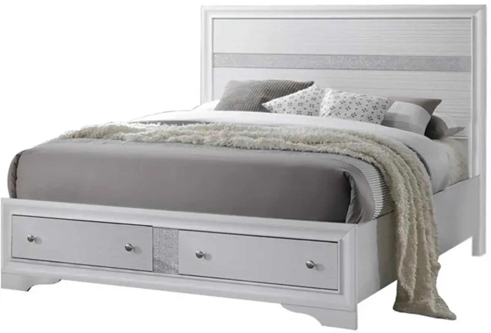 Classy Queen Size Bed With Storage, White-Benzara