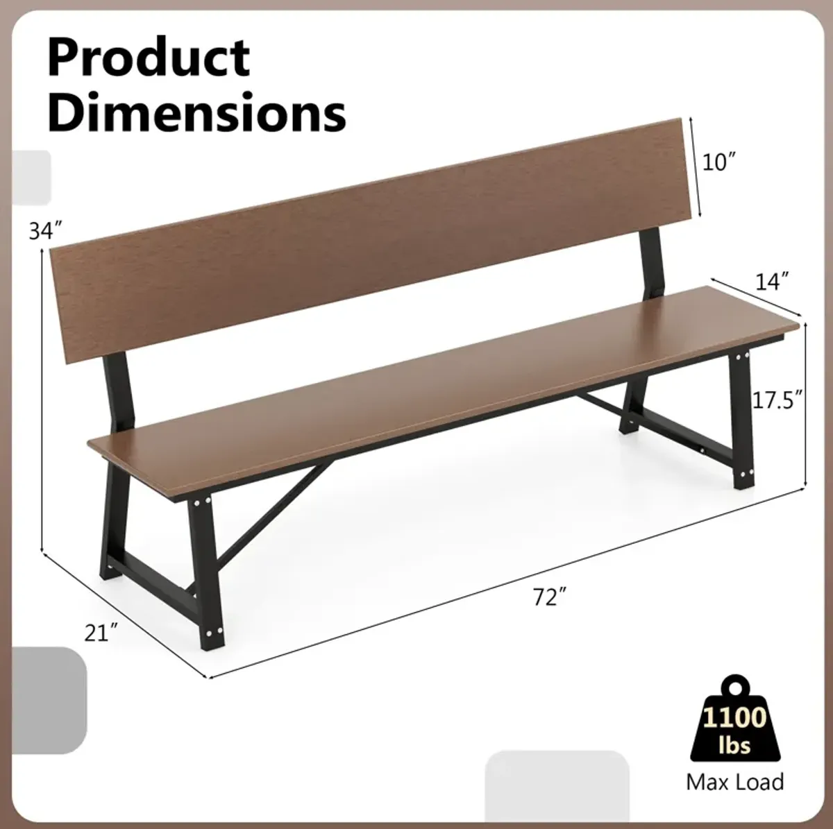 72 Inch Extra Long Bench with All-Weather HDPE Seat & Back for Yard Garden Porch