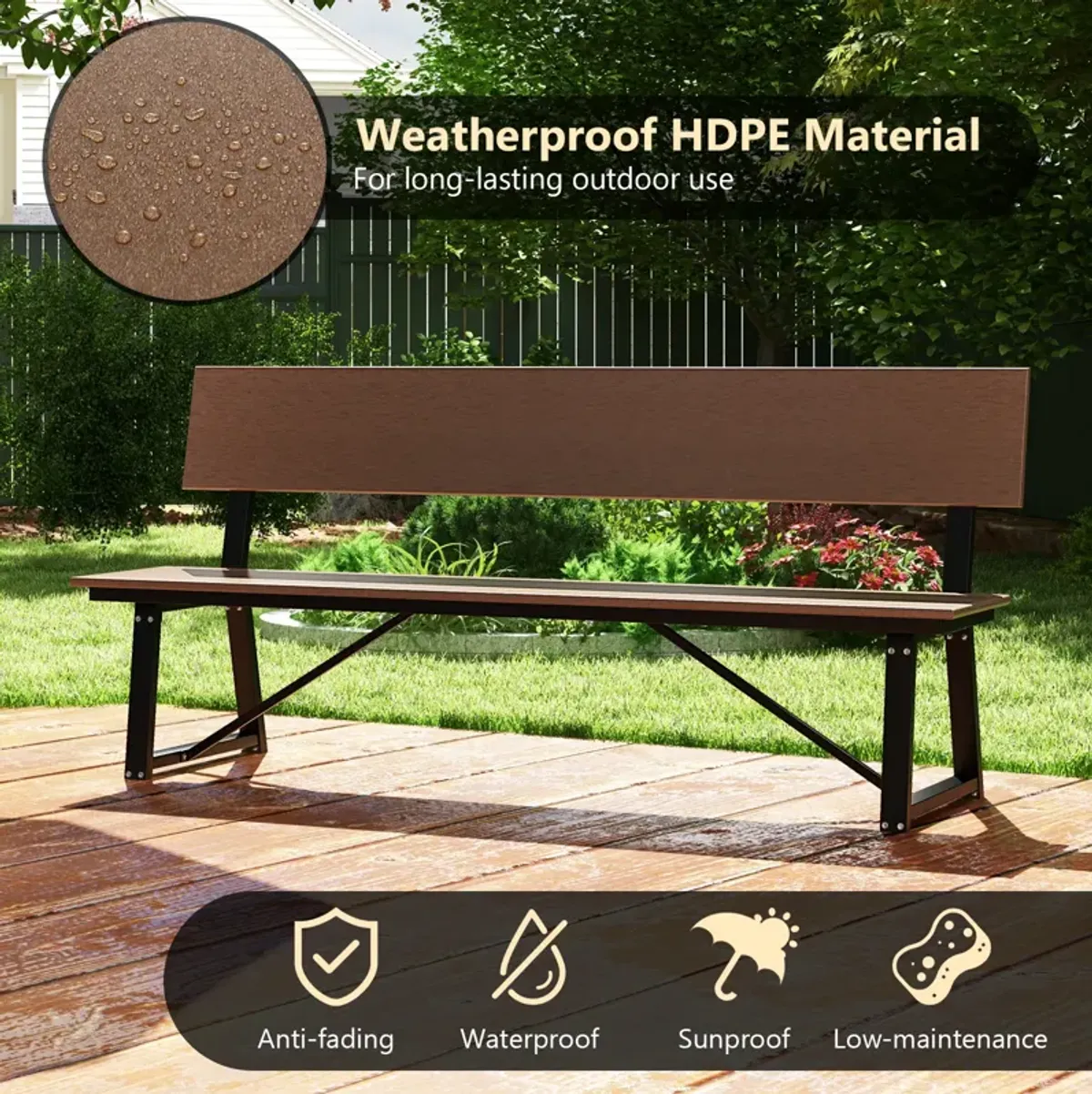 72 Inch Extra Long Bench with All-Weather HDPE Seat & Back for Yard Garden Porch