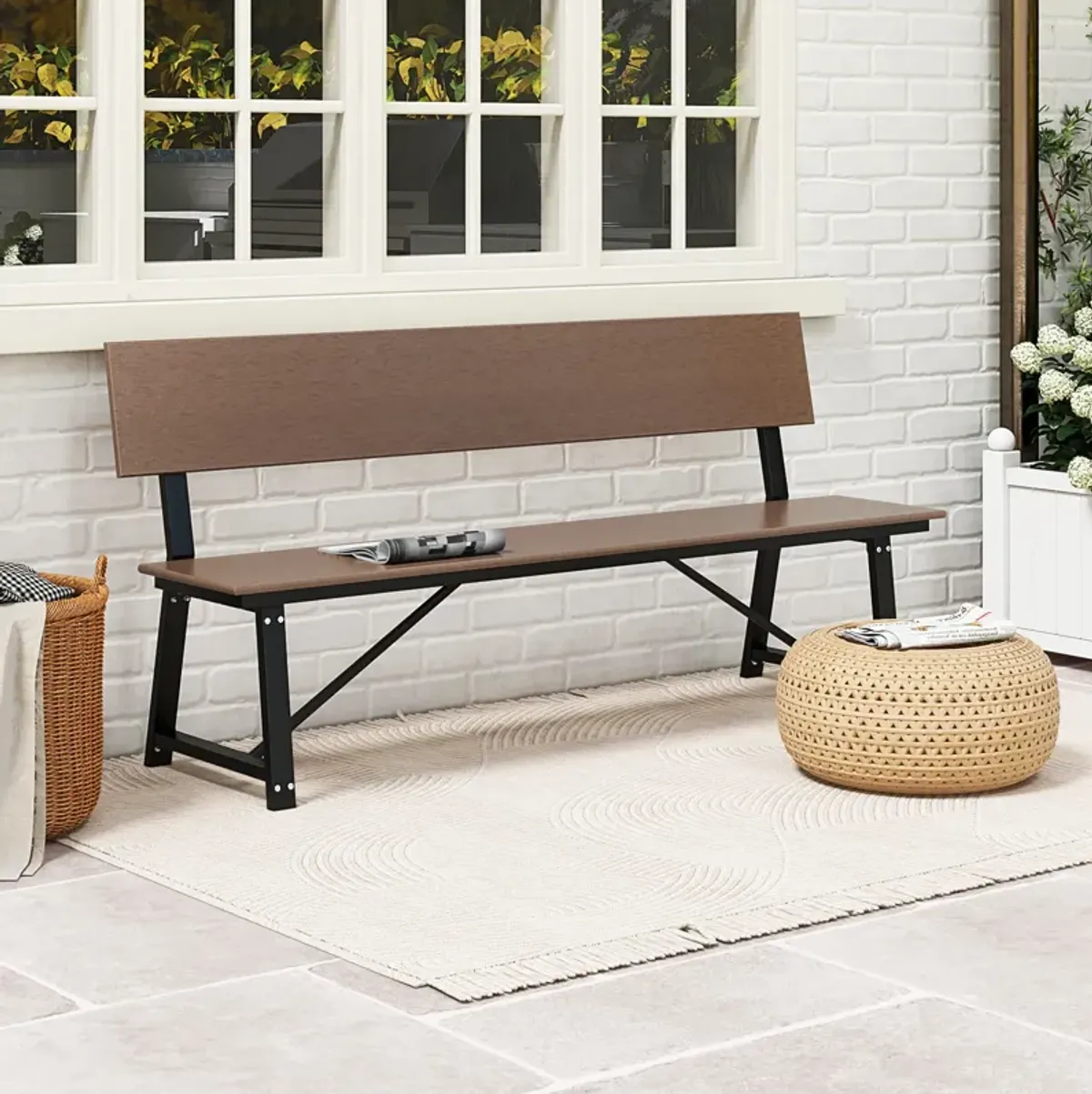 72 Inch Extra Long Bench with All-Weather HDPE Seat & Back for Yard Garden Porch