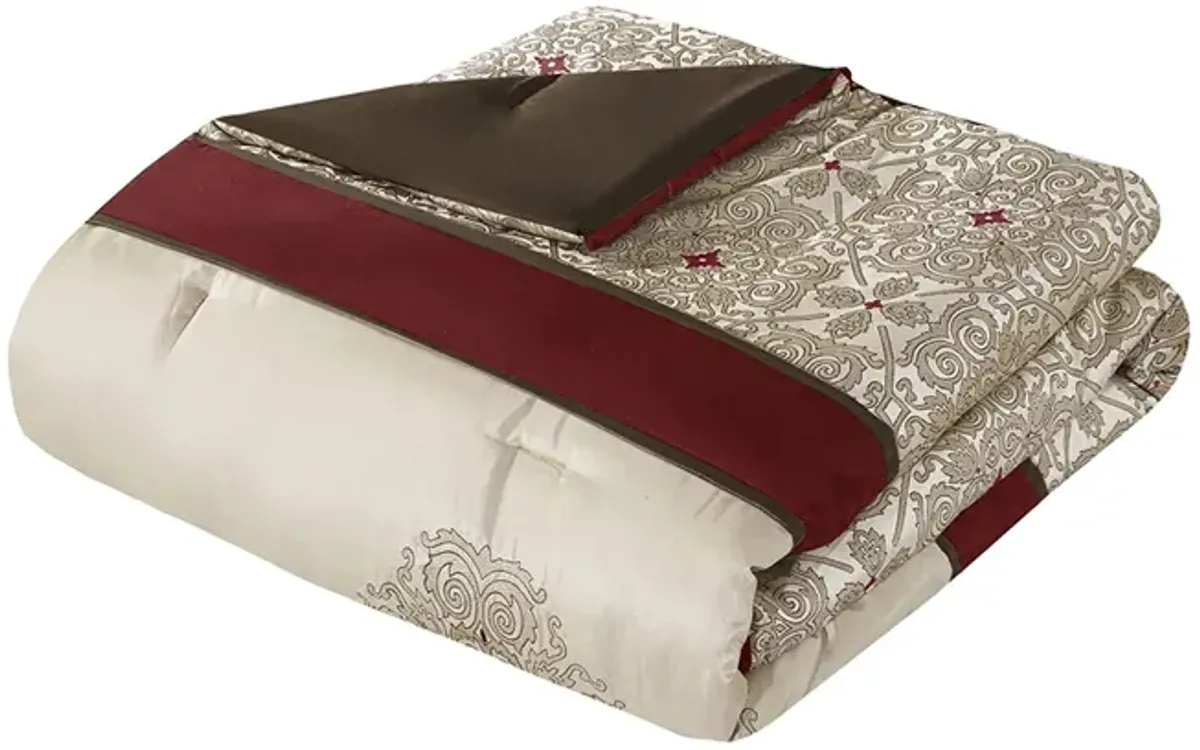 Gracie Mills Kurtis 7-Piece Red Jacquard Comforter Set with Designer Throw Pillows