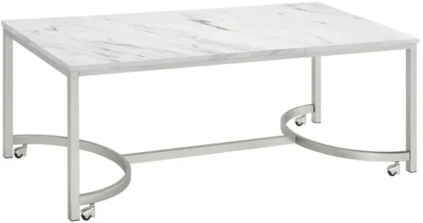 46 Inch Coffee Table, Faux Marble Surface, Silver Finished Geometric Base-Benzara