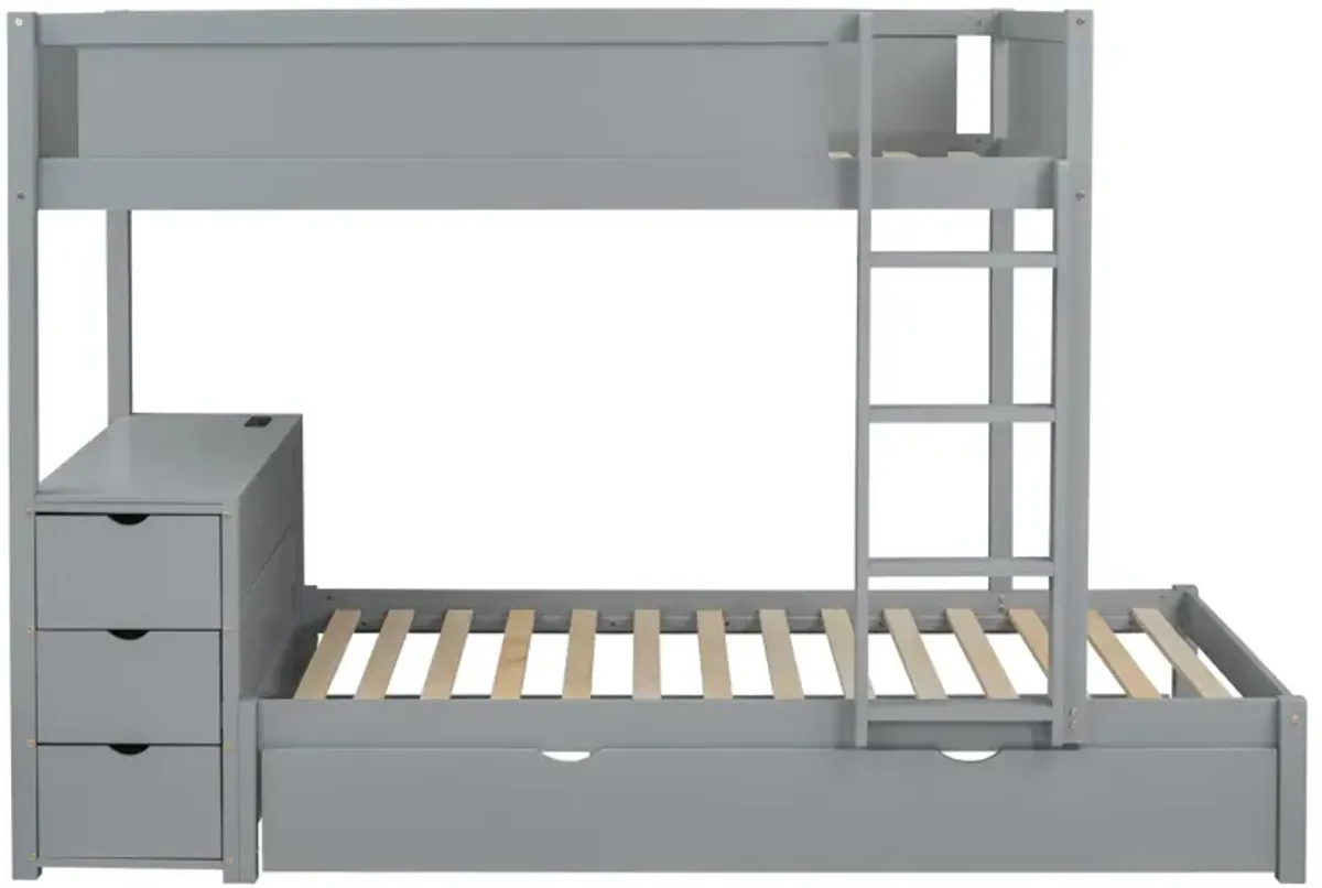 Twin Over Twin Bunk Bed With Twin Size Trundle, Storage And Desk, Gray