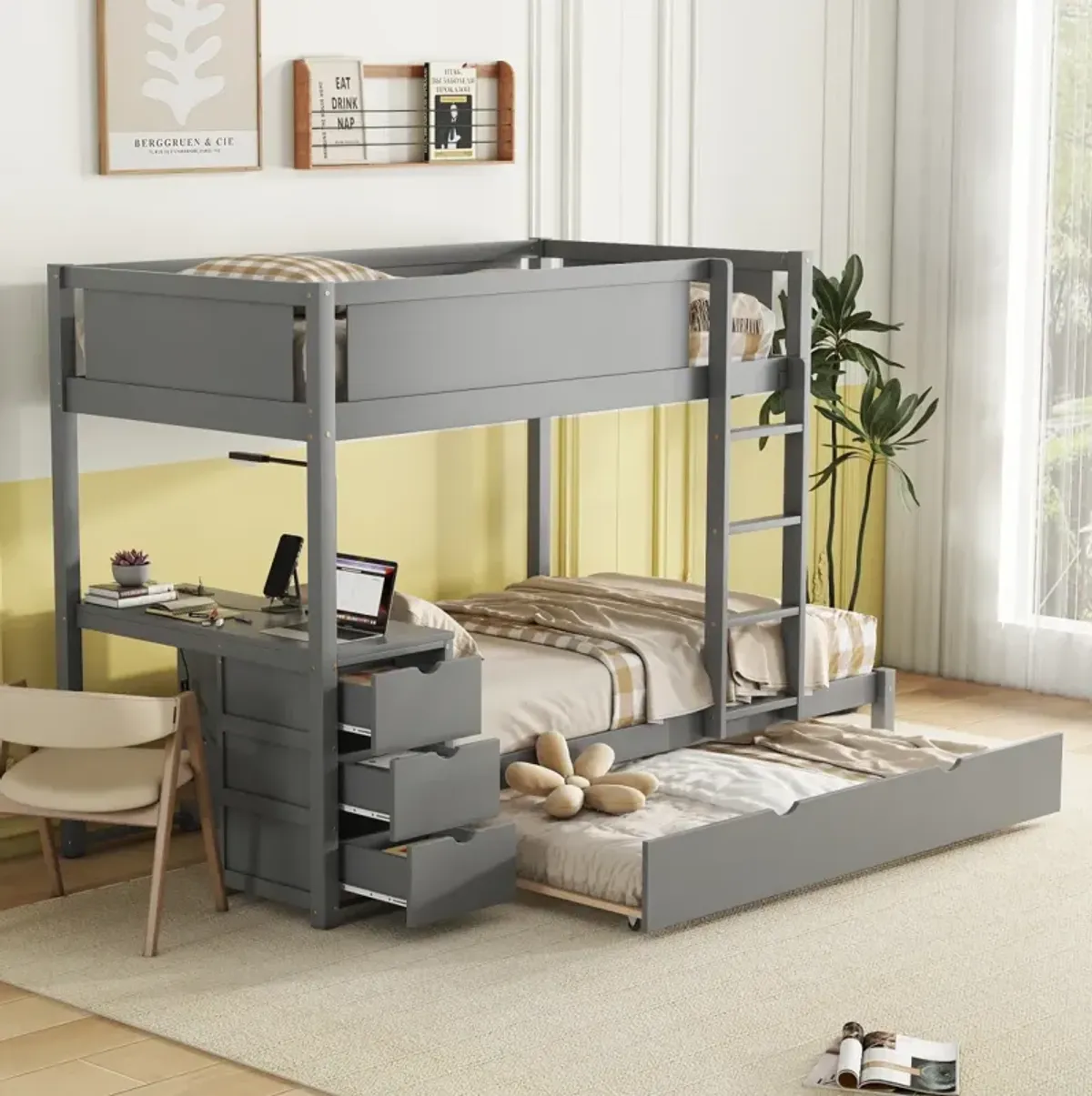 Twin Over Twin Bunk Bed With Twin Size Trundle, Storage And Desk, Gray