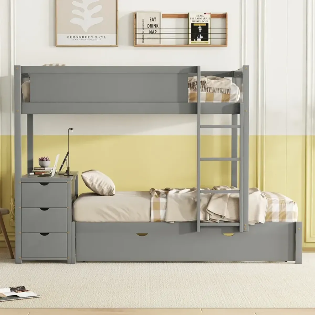 Twin Over Twin Bunk Bed With Twin Size Trundle, Storage And Desk, Gray