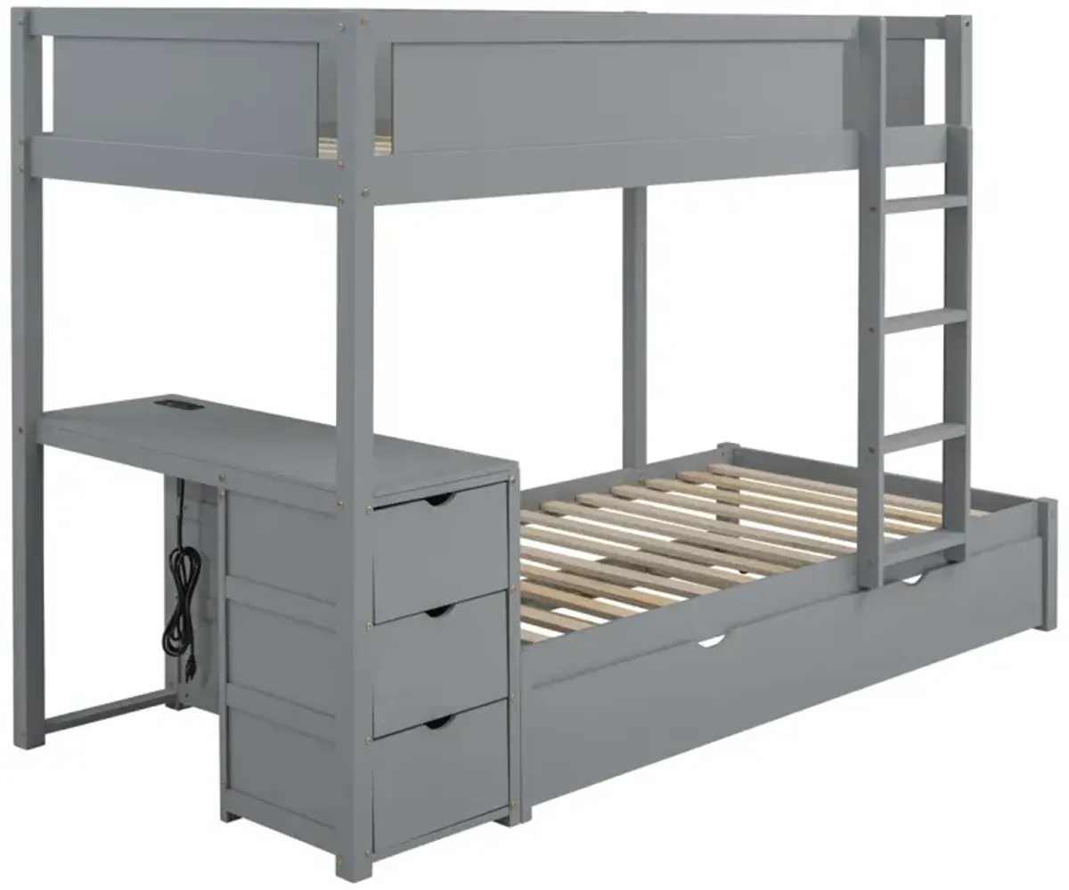 Twin Over Twin Bunk Bed With Twin Size Trundle, Storage And Desk, Gray