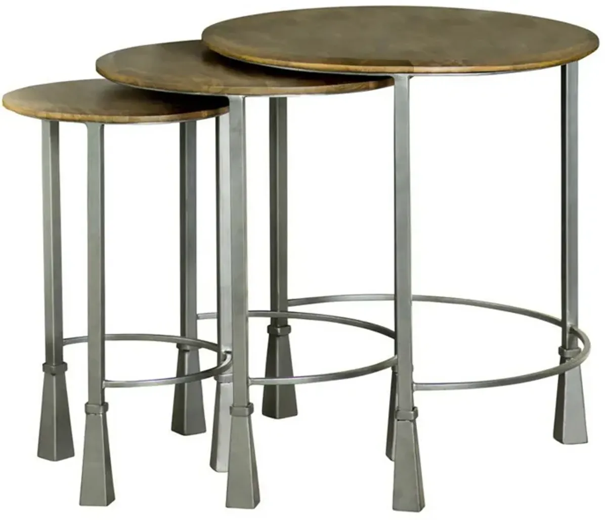 3 Piece Round Nesting End Table Set, Sleek Gray Iron Legs, Mango Brown Wood - Benzara