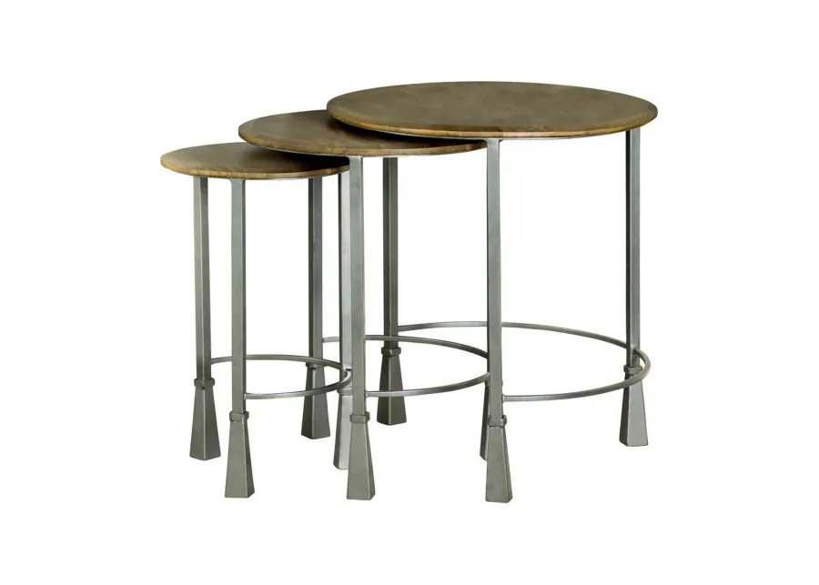 3 Piece Round Nesting End Table Set, Sleek Gray Iron Legs, Mango Brown Wood - Benzara